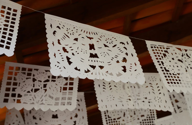 Mexican papel picado banner, all white assorted pattern bunting, cut tissue paper or plastic, fiesta party supplies, bridal shower banner image 3