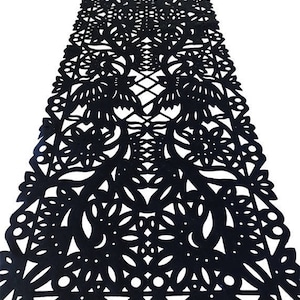 Mexican papel picado table runner, black synthetic fabric, fiesta party decorations, Cinco de Mayo decorations, bohemian folk design