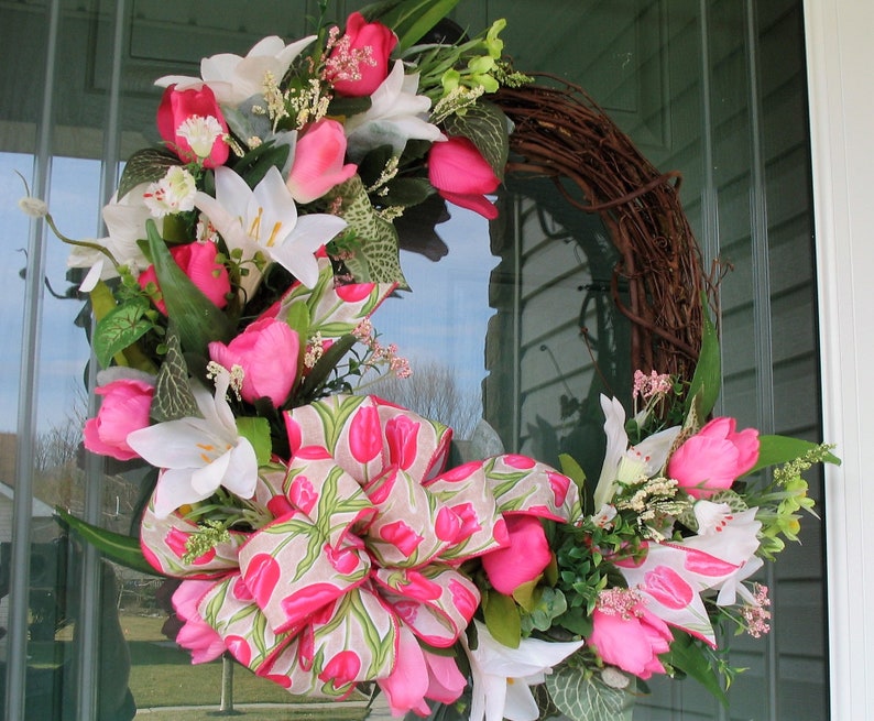 Tulip and Easter Lily Wreath Front Door Wreath Pink and Etsy