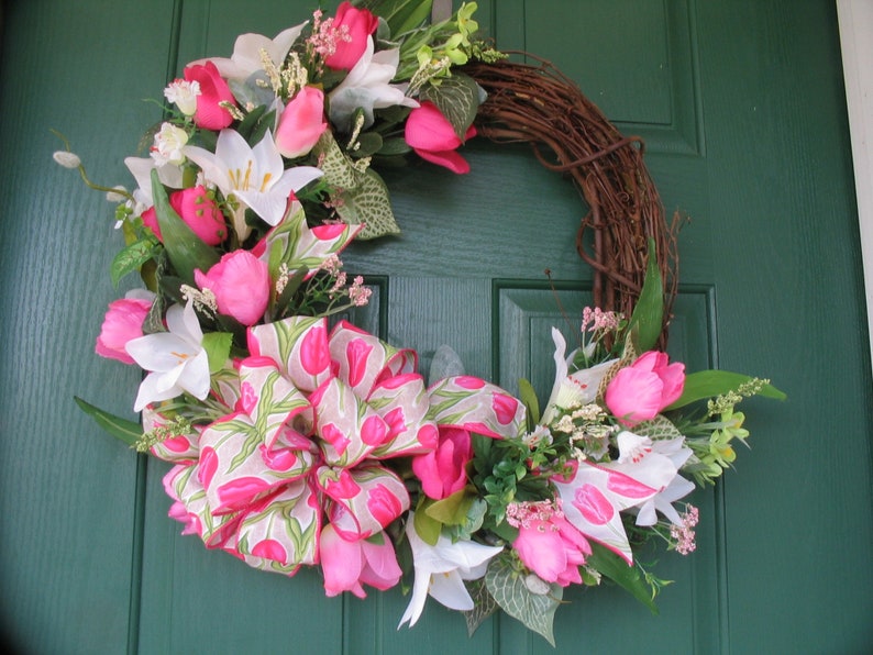 Tulip and Easter Lily Wreath Front Door Wreath Pink and Etsy