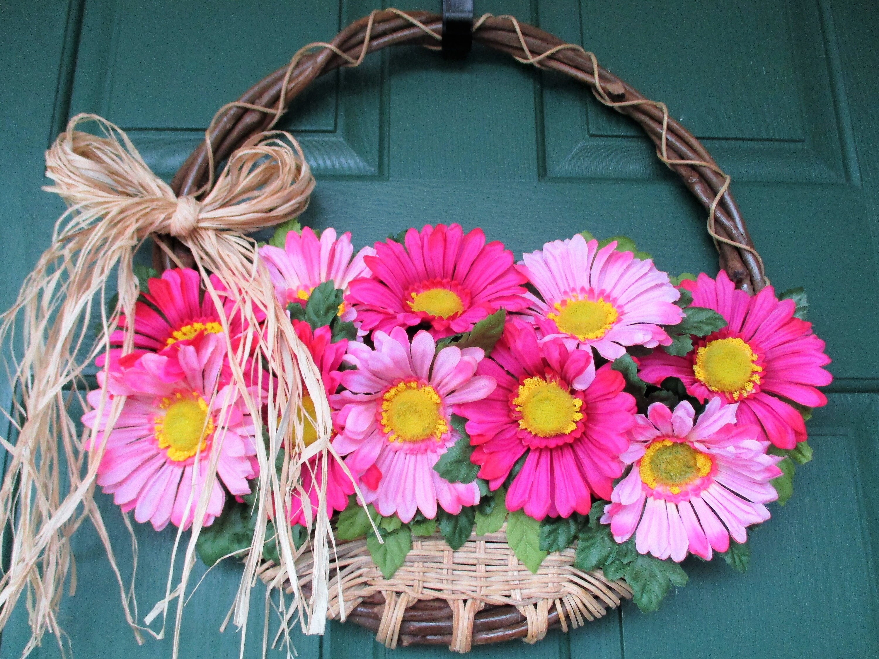 Pink Gerber Daisy Basket Wreath Gerber Daisy Door Hanger Etsy