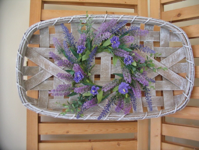 Whitewashed Tobacco Basket with Lavender Wreath Lavender Wreath Tobacco Basket with Wreath