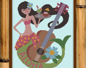 ALOHA MERMAID - Modern Counted Cross Stitch Pattern - pdf instant download