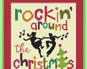 ROCKIN' AROUND CHRISTMAS Tree - Modern Counted Cross Stitch Pattern - pdf instant download