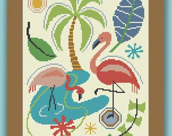 FLAMINGO MONTAGE - Modern Counted Cross Stitch Pattern - pdf instant download
