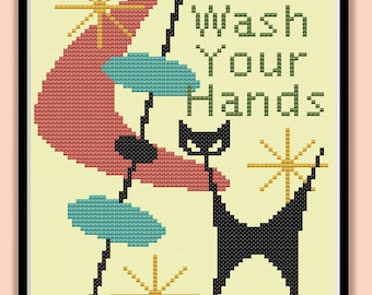 WASH HANDS CAT- Modern Counted Cross Stitch Pattern - pdf instant download