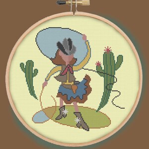 CACTUS COWGIRL 1950s - Modern Counted Cross Stitch Pattern - pdf instant download