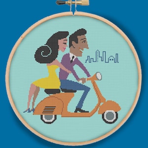 MOTOR BIKE COUPLE - Modern Counted Cross Stitch Pattern - pdf instant download