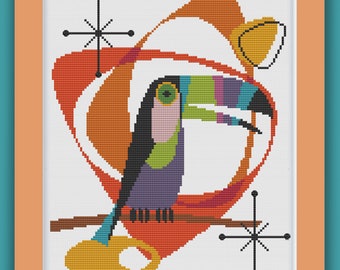 ATOMIC PARROT -Mid Century Modern Counted Cross Stitch Pattern - pdf instant download