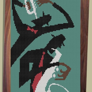 May include: A framed cross-stitch artwork depicting two figures in black silhouettes playing jazz music. The word "JAZZ" is stitched in black thread at the top of the artwork. The background is a teal green colour.