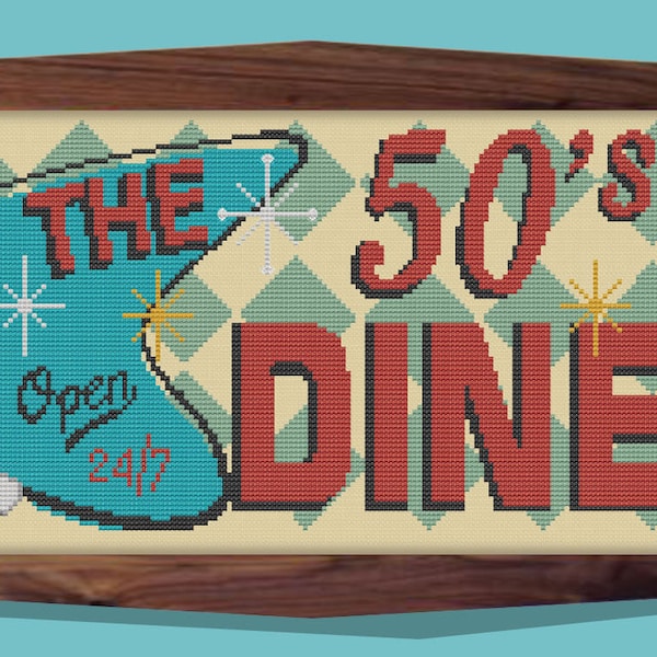 50'S DINER SIGN - Modern Counted Cross Stitch Pattern - pdf instant download