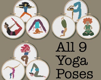 NINE YOGA POSES - Mini yoga ornaments coasters - Modern Counted Cross Stitch Pattern - pdf instant download