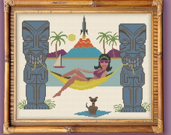 TIKI BEACH GIRL - Modern Counted Cross Stitch Pattern - pdf instant download