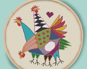 THREE HENS - Modern Counted Cross Stitch Pattern - pdf instant download