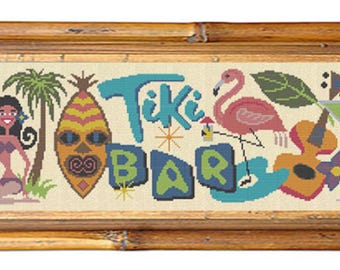 TIKI BAR SIGN - Modern Counted Cross Stitch Pattern - pdf instant download