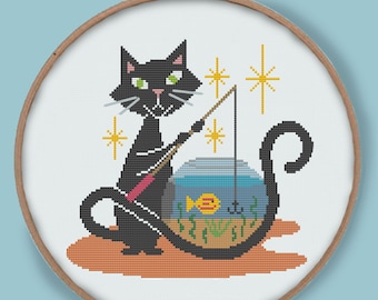 CAT FISH - Modern Counted Cross Stitch Pattern - pdf instant download