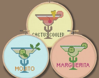 THREE MARGUERITAS - Mini drink ornaments coasters - Modern Counted Cross Stitch Pattern - pdf instant download