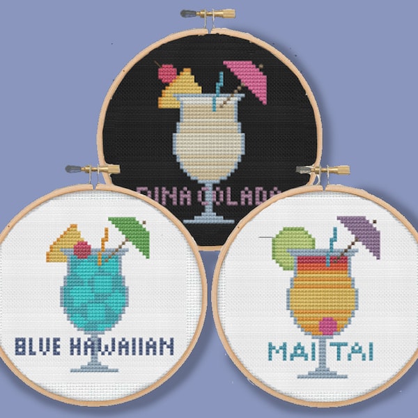 TROPICAL COCKTAILS - Mini drink ornaments coasters - Modern Counted Cross Stitch Pattern - pdf instant download