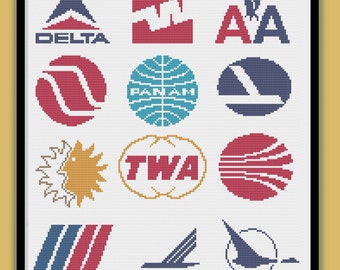 VINTAGE AIRLINE LOGOS - Modern Counted Cross Stitch Pattern - pdf instant download