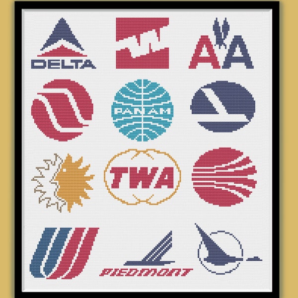 VINTAGE AIRLINE LOGOS - Modern Counted Cross Stitch Pattern - pdf instant download