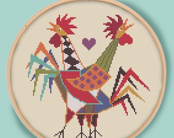 TWO ROOSTERS CROWING - Modern Counted Cross Stitch Pattern - pdf instant download