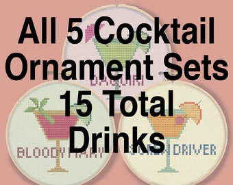 FIFTEEN COCKTAILS - Mini drink ornaments coasters - Modern Counted Cross Stitch Pattern - pdf instant download