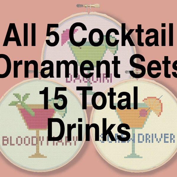 FIFTEEN COCKTAILS - Mini drink ornaments coasters - Modern Counted Cross Stitch Pattern - pdf instant download