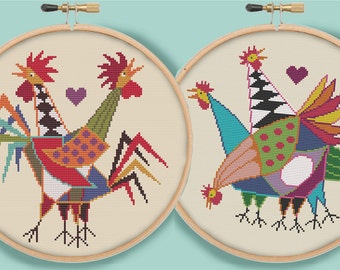 ROOSTERS AND HENS - Two Modern Counted Cross Stitch Patterns - pdf instant download