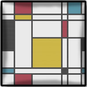 May include: Abstract geometric painting with a grid pattern. The painting features squares and rectangles in black, white, red, yellow, and blue.
