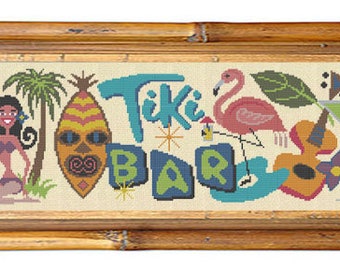 TIKI BAR SIGN - Modern Counted Cross Stitch Pattern - pdf instant download