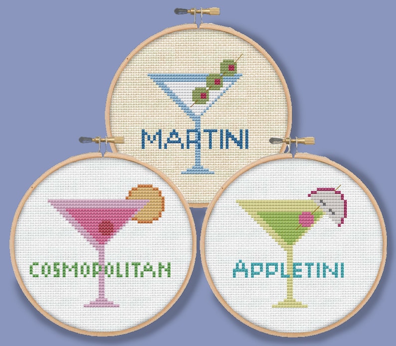 THREE MARTINIS Mini drink ornaments coasters Modern Counted Cross Stitch Pattern pdf instant download image 1