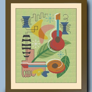 GUITAR and MANDOLIN MONTAGE - Mid Century Modern Counted Cross Stitch Pattern - pdf instant download