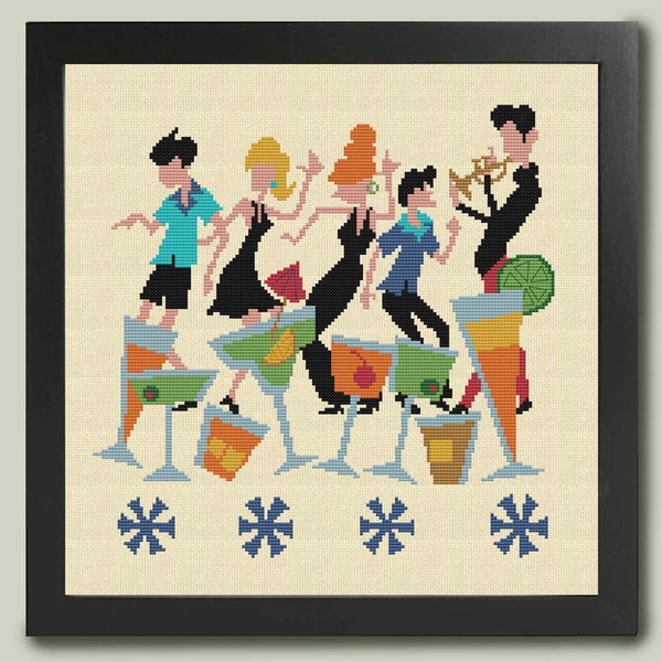 RETRO COCKTAIL PARTY - Modern Counted Cross Stitch Pattern - pdf instant download