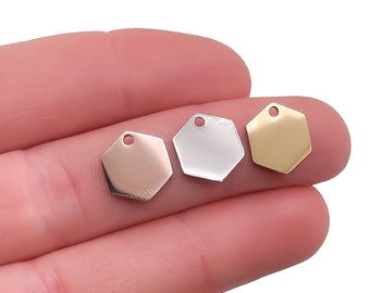 Geometric Hexagon Steel Tags- Hexagon-Package of 10- Stainless- Charms- High Quality- Shiny- USA- Silver -Gold- Rose Gold