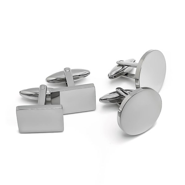 Stainless Steel Cuff Links - 1 Pair - Round Cufflinks - Rectangle Cuff links - High Polish - High Quality - USA - Quick Ship