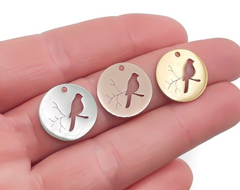 Cardinal Bird Charms - Silver - Gold and Rose Gold, Package of 10, High Quality, USA, Stainless Steel -Bird  on Branch, Memorial Charms