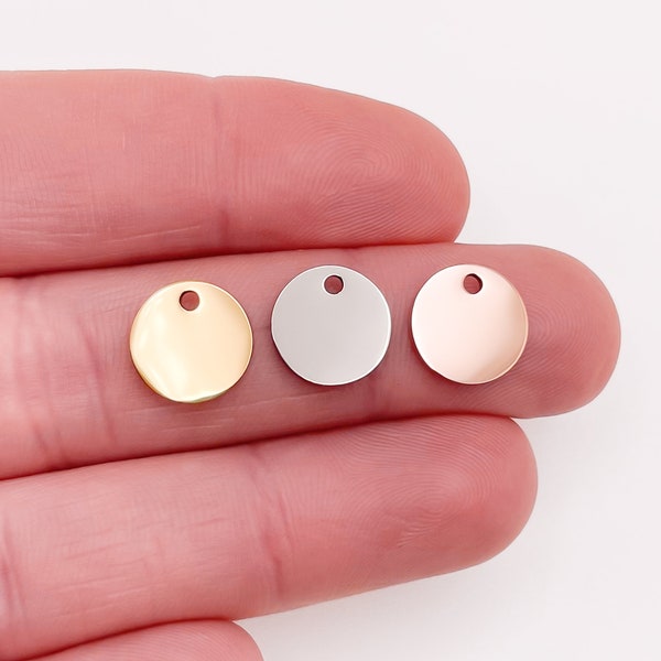 Tiny 10mm Stainless Discs - Bulk Steel Blank Tags, 10pk, Polished Pendant, Silver Gold Rose Plated, Engraving, Stamping, Wholesale USA