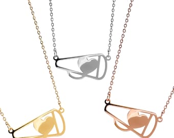 Cheerleading -Megaphone Pendant Necklace-Stainless Steel- Silver-Gold-Rose Gold-Cheerleaders-Sports Teams-Single Or 10 Pack