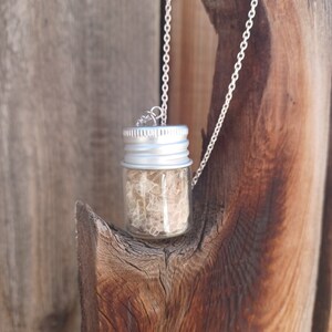 May include: A silver chain necklace with a small glass vial pendant containing dried snake skin. The vial has a silver lid and is hanging from a wooden surface.