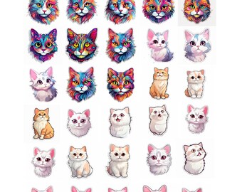 May include: A set of 30 colorful cat stickers featuring various cat breeds and poses. The stickers are printed on white paper and have a glossy finish.