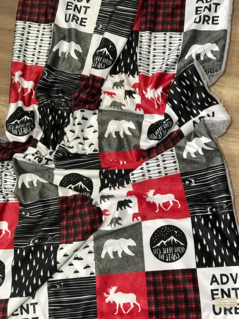 Baby Adventure BlanketQuilt Baby Lumberjack Nursery BlanketQuilt,Moose,Bear,Arrows,Plaid,