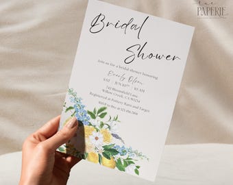 Limoncello Invitation, Lemon Bridal Shower, Citrus Shower, Bridal Shower Invite, Baby Shower Invite, Watercolor Floral,Blue and Lemon Invite