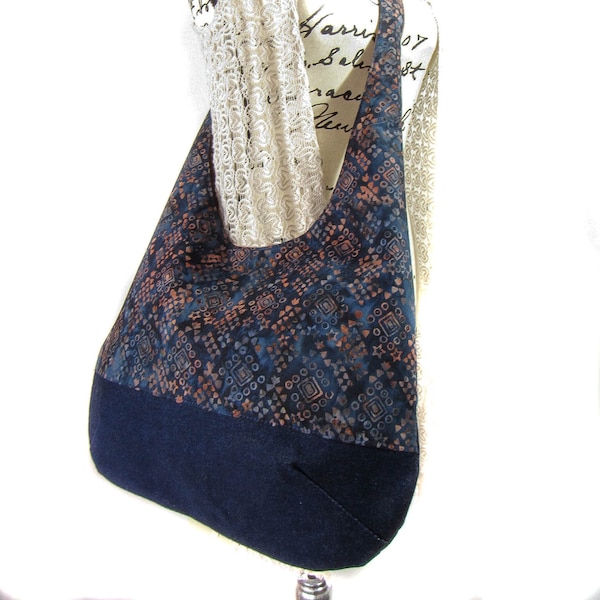 CrossBody Batik Denim Hobo Bag Purse, Blue Brown  Fabric Tote Bag,  Boho Shoulder Bag, Hippie Bag.