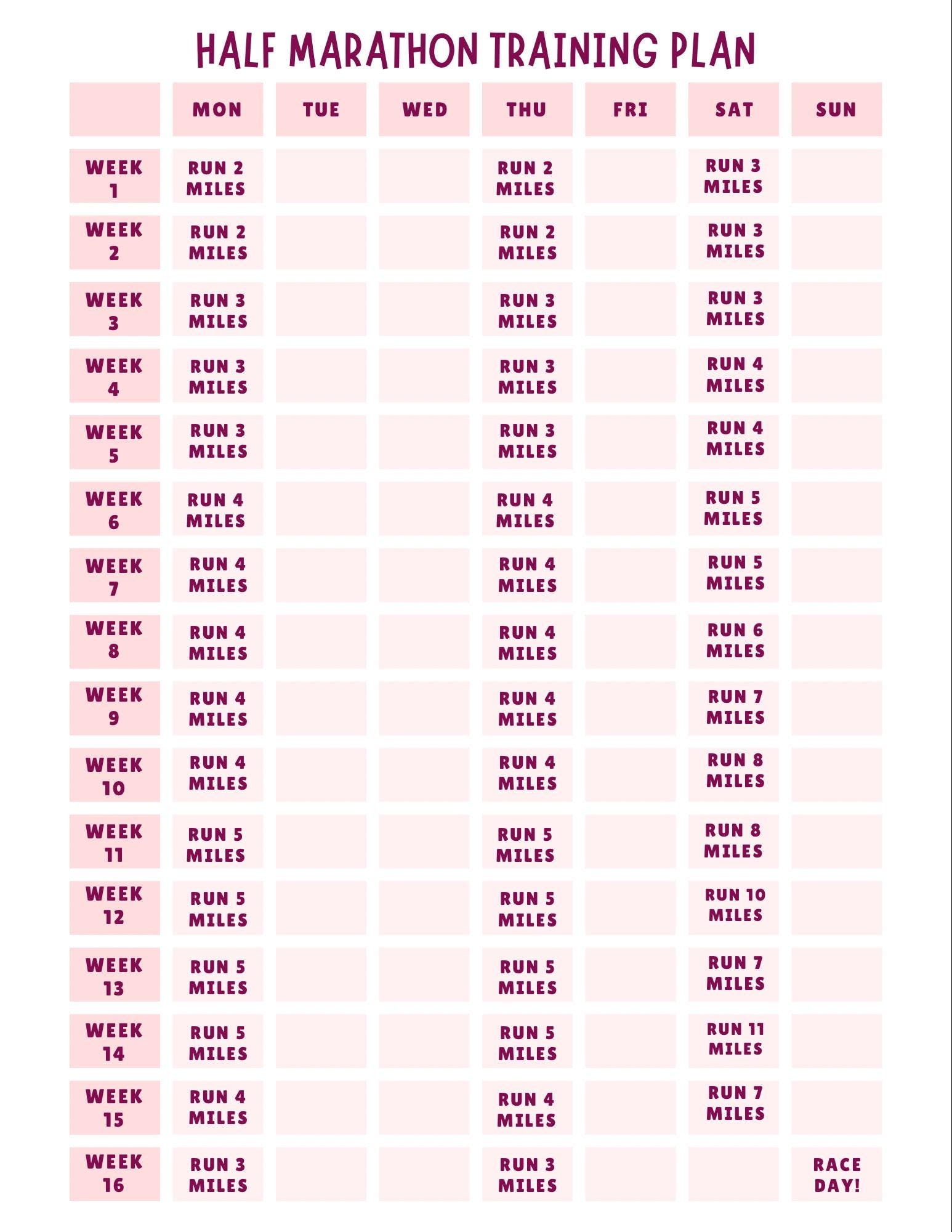 Simple 16-week Half Marathon Training Schedule - Etsy