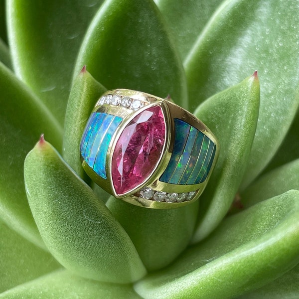 Vintage Kabana KBN .3 ct TW Diamond 2.5 ct Marquis Pink Tourmaline and Opal Size 8.25 14K Gold Ring