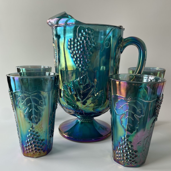 Vintage Blue Indiana Grape Harvest Carnival Glass Pitcher and 4 Tumblers