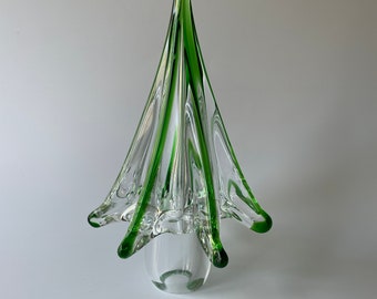 Vintage Murano Art Glass Christmas Tree Clear with Green Tips