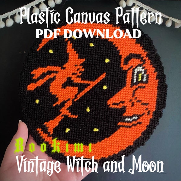 PDF Vintage Witch and Moon Plastic Canvas wall hanging downloadable pattern