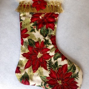 Poinsettia Christmas stocking, elegant, classic. 3 fabric choices.