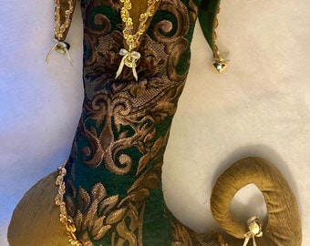 Green, gold brocade elf toe stocking with gold trim